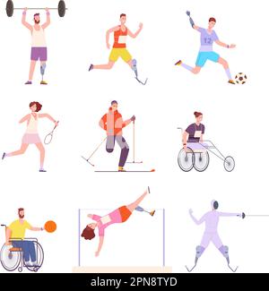 Paralympic athletes. Disabled people with prosthetics legs, disability athlete on wheelchair at winter or summer sport marathon, handicapped sprinter vector illustration of prosthetic disabled athlete Stock Vector