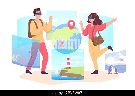 Man and woman in VR glasses on virtual trip around world Stock Vector