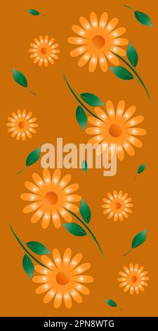 Chamomile flowers seamless pattern on orange background. Stock Vector