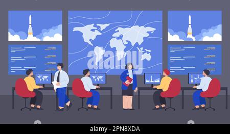 People monitoring rocket launch at command center Stock Vector