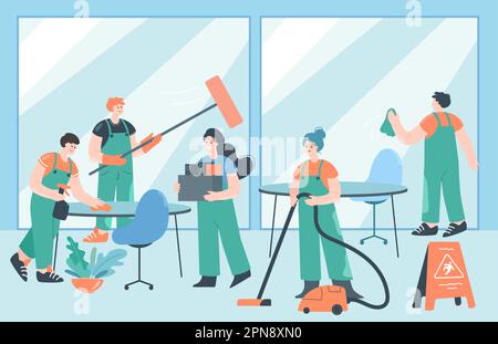 Team of cartoon janitors cleaning office Stock Vector