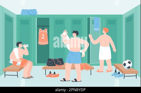Locker room interior with soccer or football team players Stock Vector