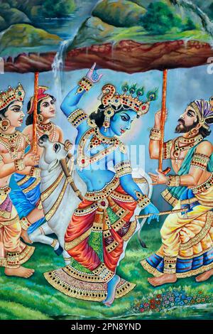 Sri Krishnan hindu temple.  The blue-skinned Krishna is the hindu deity of love and compassion. Singapore. Stock Photo