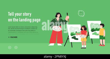 Group of kids drawing landscapes with teacher in art class Stock Vector ...