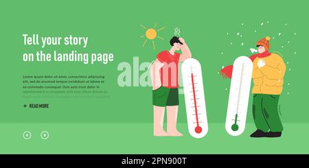 Tiny men standing near giant thermometers in hot, cold weather Stock Vector