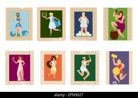 Different Greek gods in frames cartoon illustrations set Stock Vector