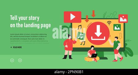 Man in front of huge computer screen downloading files on laptop Stock Vector