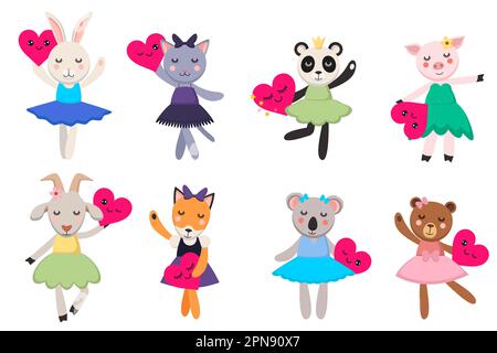 Dancing ballet animals in elegant dresses holding pink hearts Stock Vector