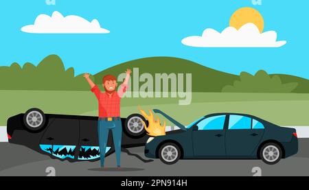 Stressed driver on road near crashed cars cartoon illustration Stock Vector