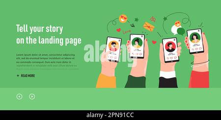 Hands of millennials holding phones with social media profiles Stock Vector
