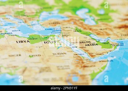 close up of a world map with african asian side, egypt and saudi arabia in focus Stock Photo