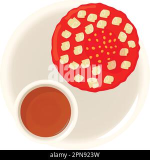 Strawberry pie icon isometric vector. Bright fresh berry pie and cup of cocoa. Dessert, breakfast, food concept Stock Vector