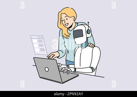 Female employee and robotic assistant work together on computer. Robot tester search program bugs and mistakes in software on laptop. QA concept. Vector illustration.  Stock Vector
