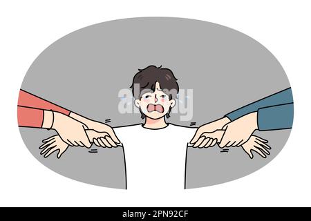 Parents tear apart unhappy crying son have divorce process in family. Stubborn mother and father divide child custody after breakup or separation. Children and domestic violence. Vector illustration. Stock Vector