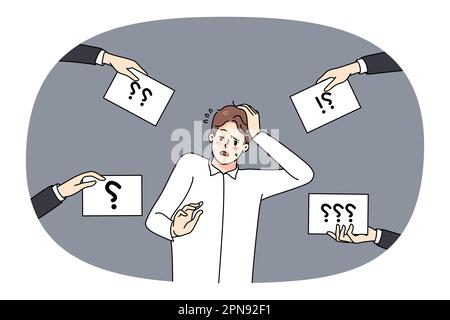 Confused young man with question marks around winder about problem solution. Frustrated guy feel confusion think about solving issue. Dilemma and frustration. Vector illustration. Stock Vector