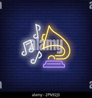 Gramophone and music notes neon sign Stock Vector