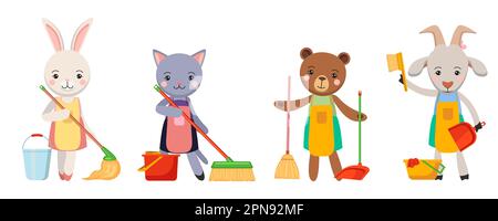 Cute animals in aprons with cleaning items vector set Stock Vector