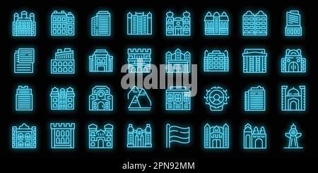 Vienna icons set outline vector. Opera house. Austria city neon color on black Stock Vector