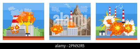 Explosions at factories cartoon illustrations set Stock Vector