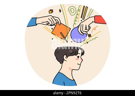 People hands put object in person head help with brainstorming or thinking process. Guy involved in solving problems or issues. Search for solution concept. Flat vector illustration. Stock Vector