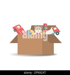 Children's toys in cardboard box. There is teddy bear, trucks, ball, cubes in the picture. Vector illustration Stock Vector