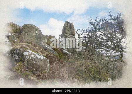 Digital watercolour painting of Robin Hood's Stride limestone way rock formation in the Derbyshire Dales, Peak District National Park, UK. Stock Photo