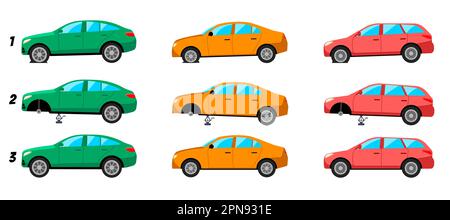 Cars with flat and fixed tires cartoon illustration Stock Vector