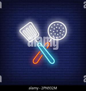 Crossed slotted spoon and turner neon sign Stock Vector