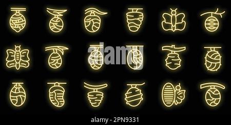 Cocoon icons set outline vector. Pupa cycle. Butterfly caterpillar neon color on black Stock Vector