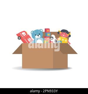 Toys in cardboard box. There is teddy bear, doll, toy cars, cubes in the picture. Vector illustration Stock Vector