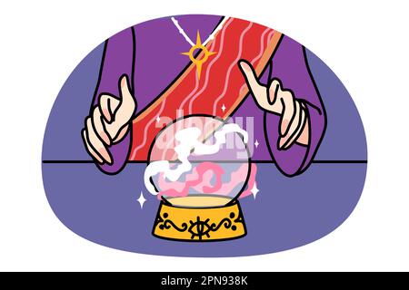 Hands of fortune teller with crystal ball tell fate to client or customer in magic salon. Magician or gypsy read fate on crystal magical ball. Prediction concept. Flat vector illustration. Stock Vector