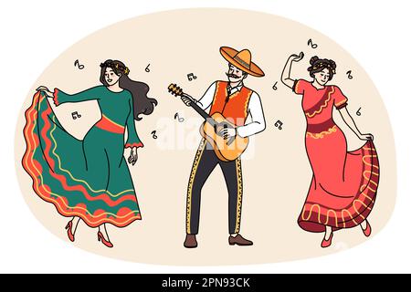 Happy men and women in traditional clothes dance together to guitar on Mexican carnival. Smiling Mexicans in costumes enjoy festive national celebration play music. Flat vector illustration. Stock Vector