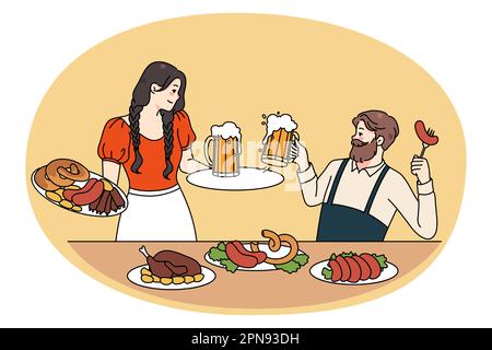 Happy man and woman in traditional clothes celebrate Oktoberfest drink beer eat sausages. Smiling guy and girl enjoy german festival celebrations outdoors. Flat vector illustration. Stock Vector