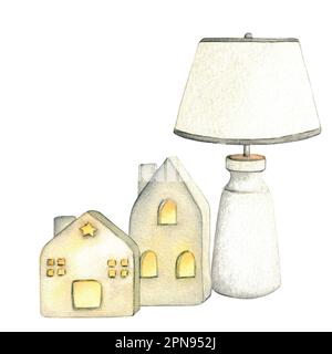 Clip art ceramic houses lanterns and electric lamp. Watercolor illustration interior of living room. Home decor elements on a white background Stock Photo