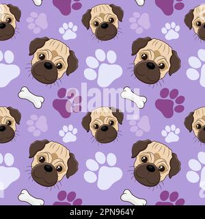 Seamless pattern with pug, bones and paws. Stock Vector