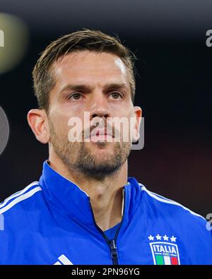 Naples, Italy. 23rd Mar, 2023. Naples, Italy, March 23rd 2023: Portrait (headshot/close up) of Francesco Acerbi (15 Italy) during the national anthem prior to the UEFA European Qualifiers (Euro 2024) football match between Italy and England at Diego Armando Maradona Stadium in Naples, Italy. (Daniela Porcelli/SPP) Credit: SPP Sport Press Photo. /Alamy Live News Stock Photo