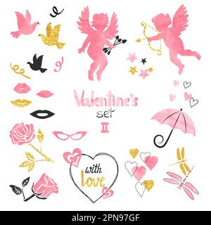 Valentines set. Collection of cupids and romantic elements for greeting card design. Vector illustration Stock Vector
