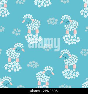 Seamless pattern with cute sheep on blue. Vector illustration. Stock Vector