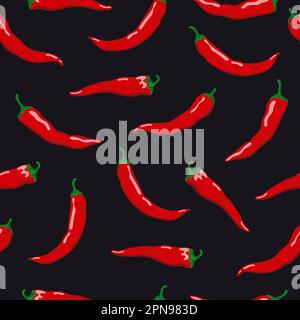 Hot chili pepper seamless pattern. Bright hand drawn peppers on black background. Stock Vector