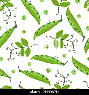 Seamless cartoon pea pattern. Vector background with green peas, pods and leaves. Stock Vector