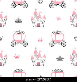 Seamless princess pattern with castles, crowns and carriages. Vector background. Stock Vector