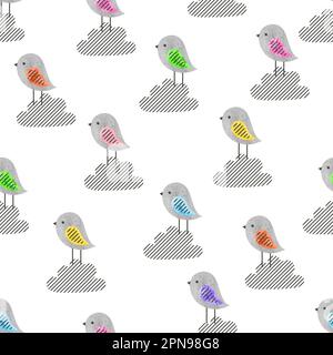 Seamless pattern with cute colorful birds and clouds. Vector illustration Stock Vector
