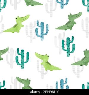 Seamless watercolor crocodile pattern. Vector background with alligators and cactuses for kids design. Stock Vector