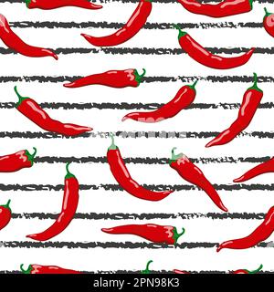Seamless pattern with hot red chili peppers on striped background. Stock Vector