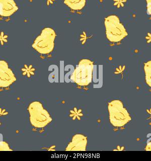 Seamless Easter pattern with cute yellow chickens and flowers. Stock Vector
