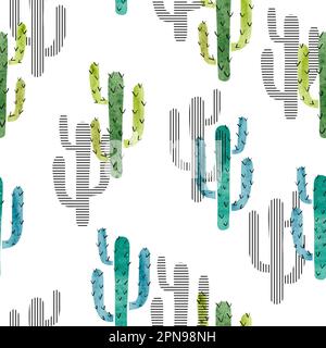 Seamless watercolor cactus pattern. Vector background with green and blue cactus isolated on white. Stock Vector