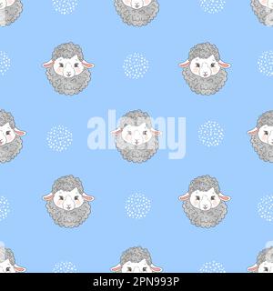 Seamless pattern with cute sheep on blue. Vector background. Stock Vector