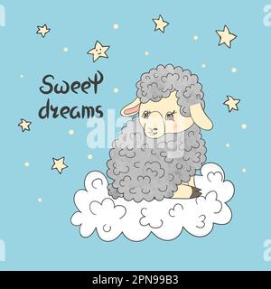 Cute little sheep on the cloud. Sweet dreams vector illustration. Stock Vector