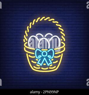 Basket with eggs neon sign Stock Vector