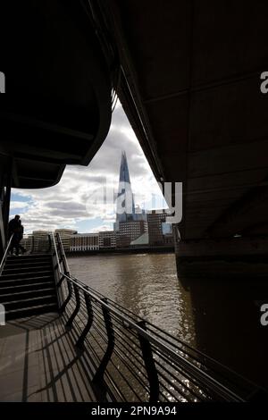 Architectural semi abstract view along the River Thames, London, with the Shard as a focal point. Good sky, high resolution with negative space Stock Photo